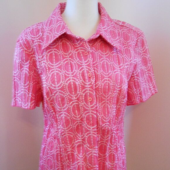 Christopher&Banks Pleated Salmon Pink Collared Embroidered Short Sleeve Blouse-L - Picture 1 of 3